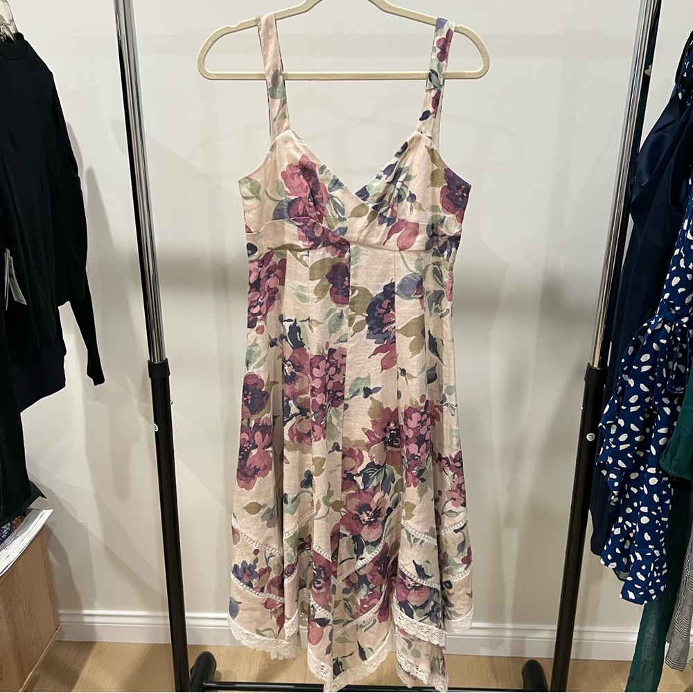 Ralph Lauren Cream Midi Dress with Purple & Pink Floral Print